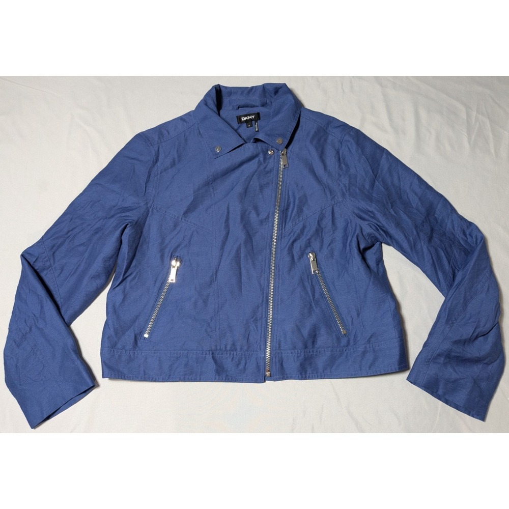 DKNY Women Size XL Blue Rayon Nylon Asymmetric Zip Long Sleeve Motorcycle Jacket